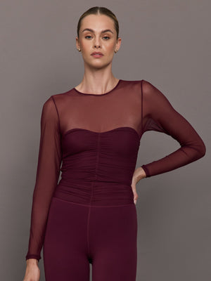 Ruched Mesh Long Sleeve Top in Melt - Fig