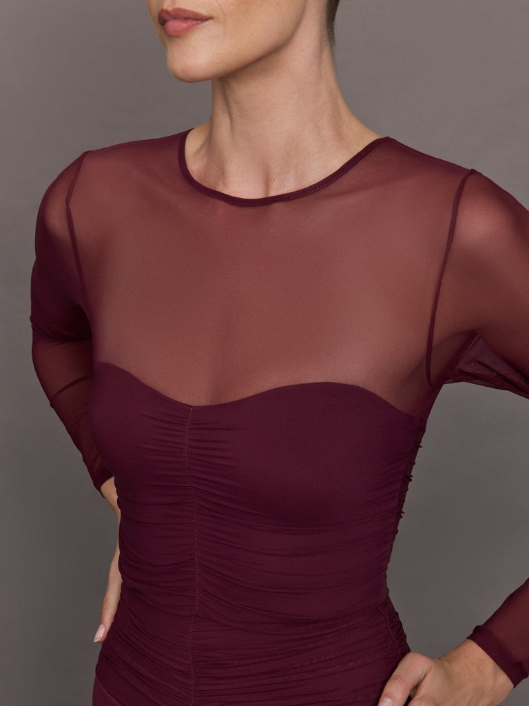 Ruched Mesh Long Sleeve Top in Melt - Fig