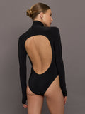 Long Sleeve Turtle Open Back Bodysuit - Black