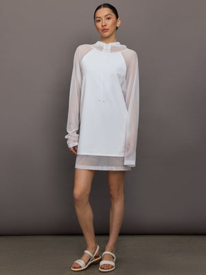 Oversized Raglan Sleeve hooded Mini Dress W Mesh - Snow White