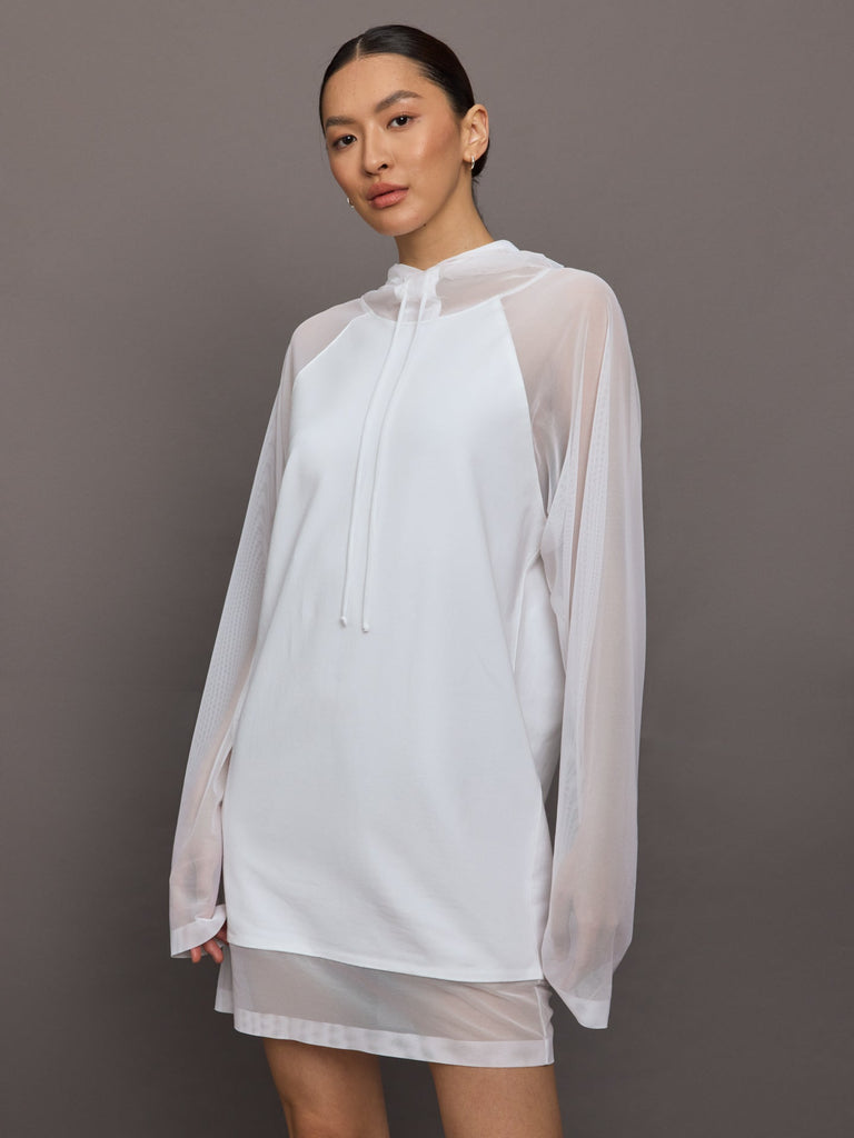 Oversized Raglan Sleeve hooded Mini Dress W Mesh - Snow White