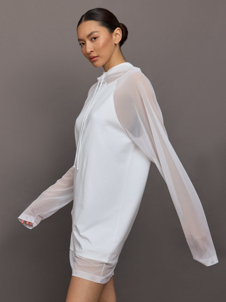 Oversized Raglan Sleeve hooded Mini Dress W Mesh - Snow White