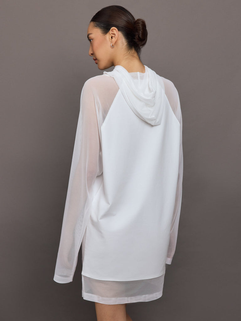 Oversized Raglan Sleeve hooded Mini Dress W Mesh - Snow White